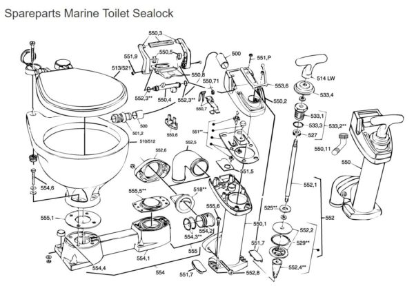 Onderdelen overzicht sealock toilet pomphuis sealock compleet nr 550
